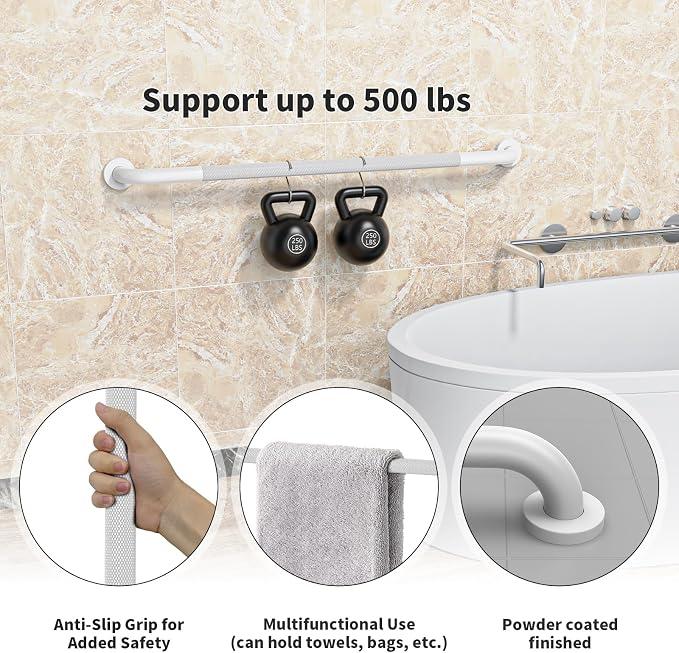 2 Pack 42 Inch Anti Slip Shower Grab Bar Handles, ZUEXT White Stainless Steel Knurled Bathroom Balance Bar, Safety Hand Rail Support,Handicap Elderly Injury Senior Assist Bath Handle(1.25" Diameter)
