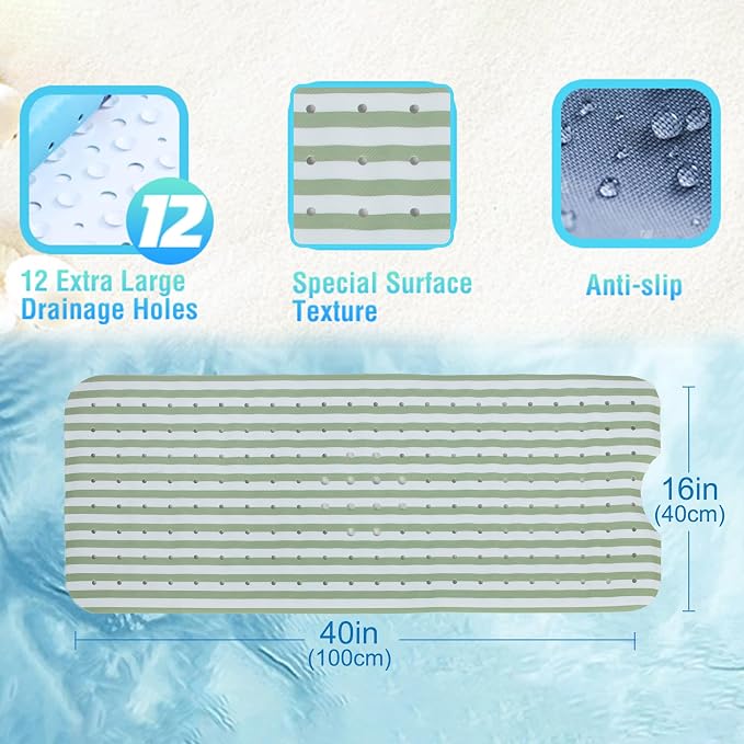 Stripes Green Bathtub Mat Non Slip 40x16 Inch Extra Long Bath Mat, Modern Art Shower Mat Non Slip, Bath Mat for Tub Anti Slip with Large Drain Holes Suction Cups Design Bathroom Mat