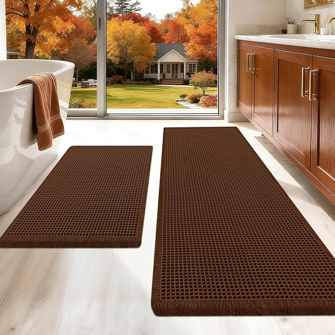 Upgraded Waffle Bath Mat Set 2 Piece Brown, Super Absorbent Non-Slip Quick Dry Bathroom Rugs with Tassels, Machine Washable Ultra Soft Boho Bath Rugs for Floor, Toilet Mats Boho Farmhouse Decor