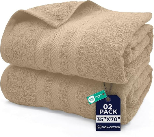 DAN RIVER 2 Pack Bath Sheets Extra Large 35x70, Large Bath Towels for Adults, XL Oversized Heavy Duty Towel Set, 600 GSM 100% Ring Spun Cotton, Soft Quick Dry, Tan