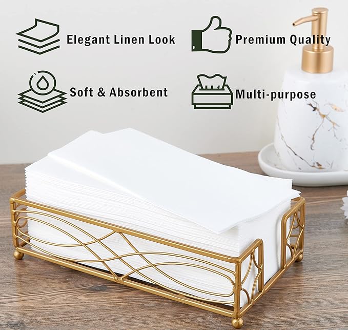 FOCUSLINE 100 Disposable Bathroom Napkins, Linen-Feel Paper Guest Towels, Soft and Absorbent Paper Hand Towels Party Napkins for Bathroom, Kitchen, Dinner, or Event, White, 12" x 17"