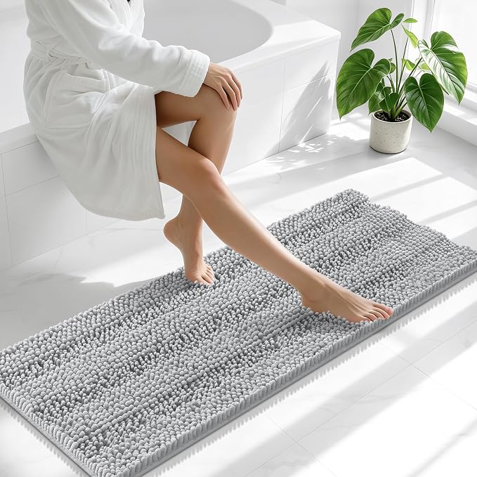 Smiry Thick Chenille Bathroom Runner Rugs 47x17, Extra Absorbent Striped Bath Mat, Machine Washable, Rubber Backing, Long Bath Rugs for Tub & Shower, Modern Home Decor Accessories, Light Grey