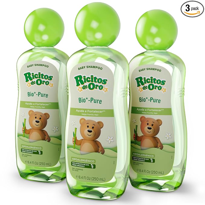 Ricitos de Oro Bio-Pure Baby Shampoo - Fortifies Hair, Adds Shine & Softness, Tear-Free Formula, Includes Rattle Cup, Gentle Daily Use, Ideal for Baby Hair Care, 250 ml, 3-Pack