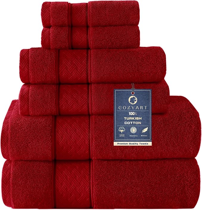 COZYART Red Bath Towel Set 6 Piece, 100% Zero Twist Ring Spun Turkish Cotton 650GSM, Ultra Soft Absorbent Fast Dry Hotel Quality Bathroom Towels