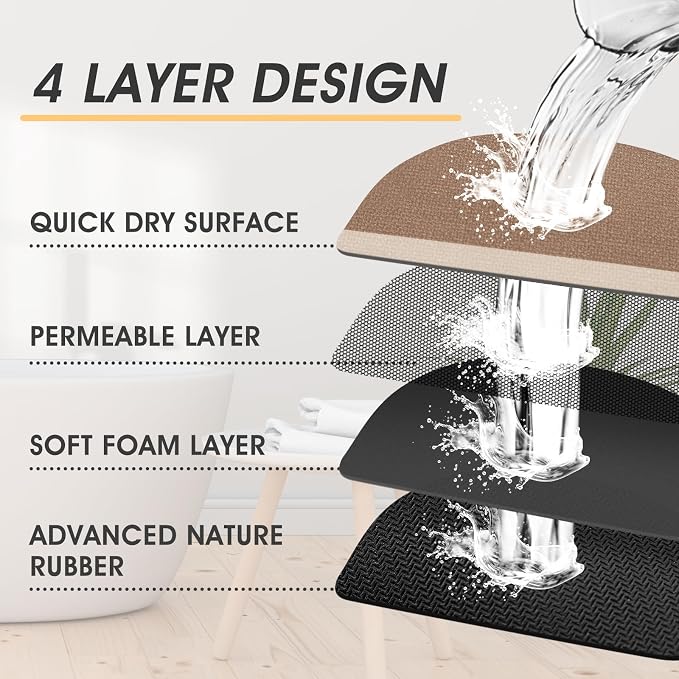 ACCUMTEK Non Slip Bath Mat, Thin Bathroom Rugs Fit Under Door, Quick Dry Bath Mats, Machine Washable Bath Rugs for Bathroom, Bathtub & Kitchen, Light Brown/Bordered/U-Shaped 24"x20"