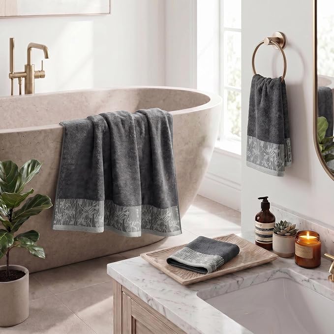 Superior Floral Jaquard Cotton Bathroom Towels, 3pc Towel Set, Grey | Soft Absorbent Quick Dry Terry Weave, Hotel Quality, Wisteria Towels Includes 1 Bath Towel, 1 Hand Towel, 1 Face Washcloth