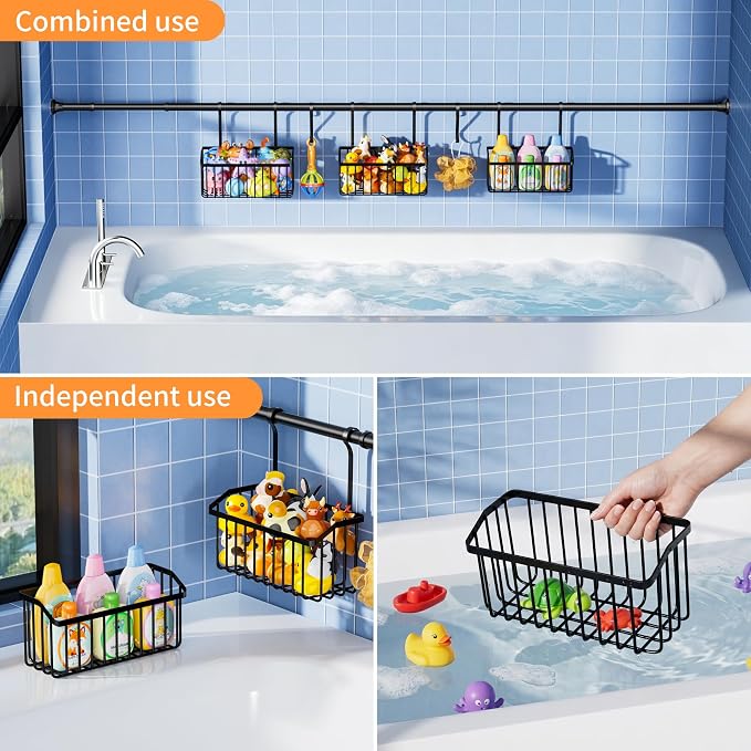 KEGII Over-the-Tub Bath Toy Storage, Adjustable 61-82.67 Inch Bathtub Toy Organizer Holder with 3 Baskets and Hooks, Large Capacity Kids Bath Toy Storage Rack for Easy Sorting and Drainage, Black