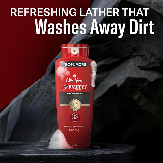 Old Spice Refreshing Body Wash for Men, 3X Defense, 24/7 Shower Fresh with Long Lasting Scent, Red Collection, Swagger with Cedarwood Scent, 24 oz (Pack of 4)