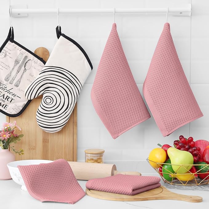 Homaxy 100% Cotton Waffle Weave Kitchen Dish Cloths, Ultra Soft Absorbent Quick Drying Dish Towels, 12 x 12 Inches, 18-Pack, Dried Rose