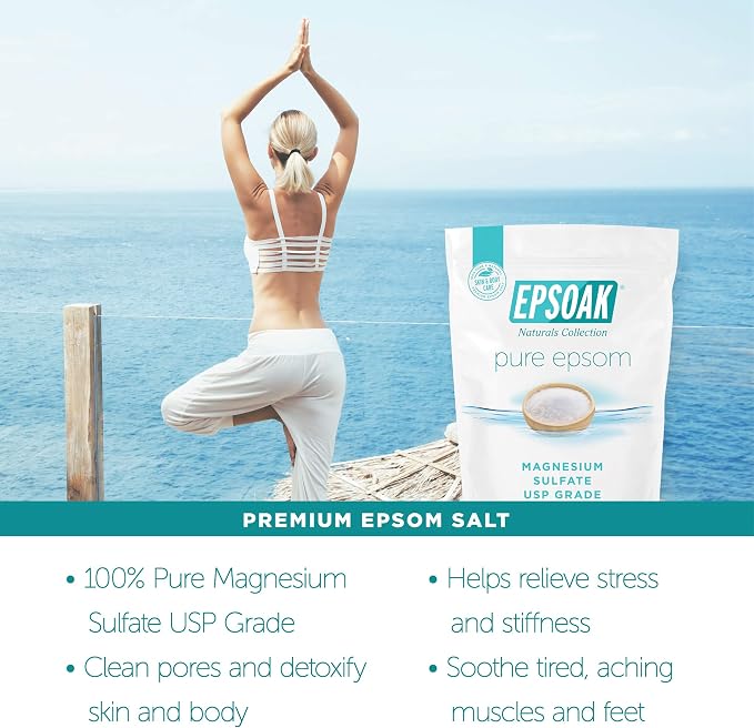 Epsoak Epsom Salt 2 lb. Magnesium Sulfate USP. Resealable Epsom Salt Bag Unscented, Made in The USA, Cruelty-Free Certified