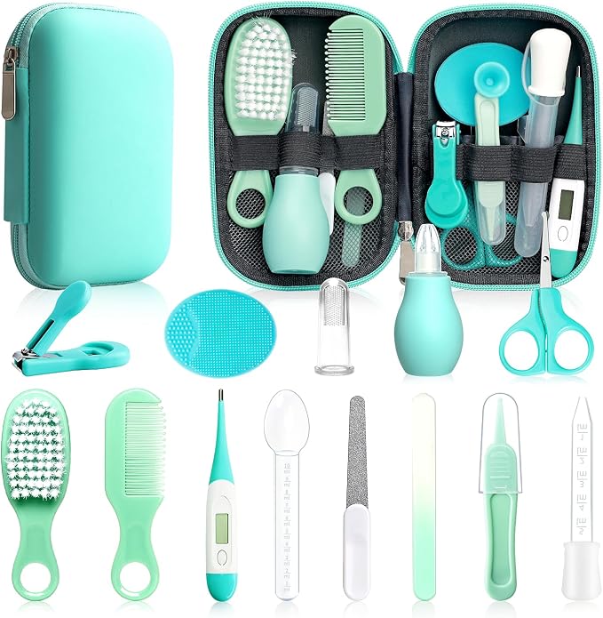 Baby Healthcare and Grooming Kit, 20 in 1 Baby Safety Set Newborn Nursery Health Care Set with Hair Brush Scale Nail Clippers for Baby Girls Boys(20 kits Pink) (Green)