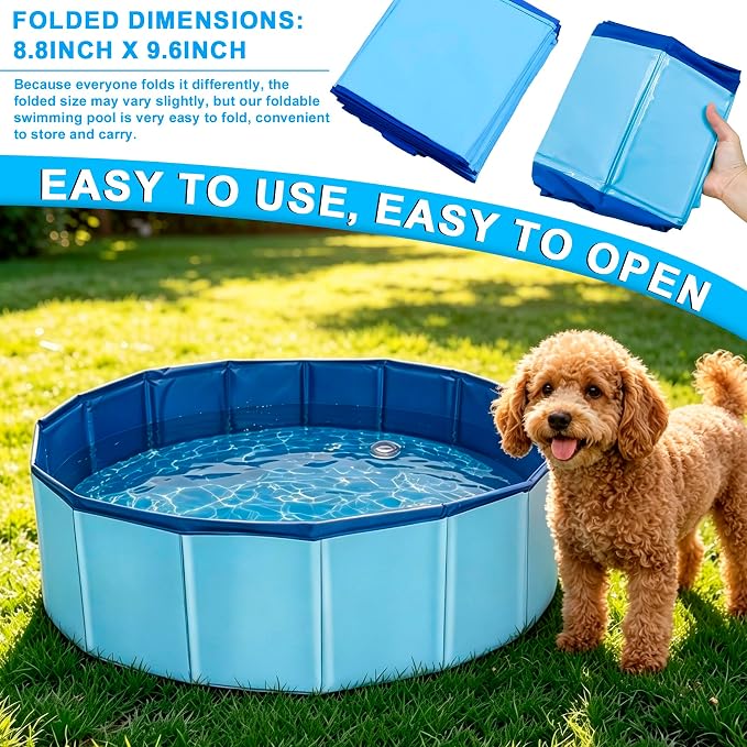 Koliva Foldable Pet Swimming Pool 24x8 Inch, Dog Bath Tub with Drain Hole & Pet Brush | Non-slip bottom & drain outlet, lightweight, for dog cat puppy bathing & play
