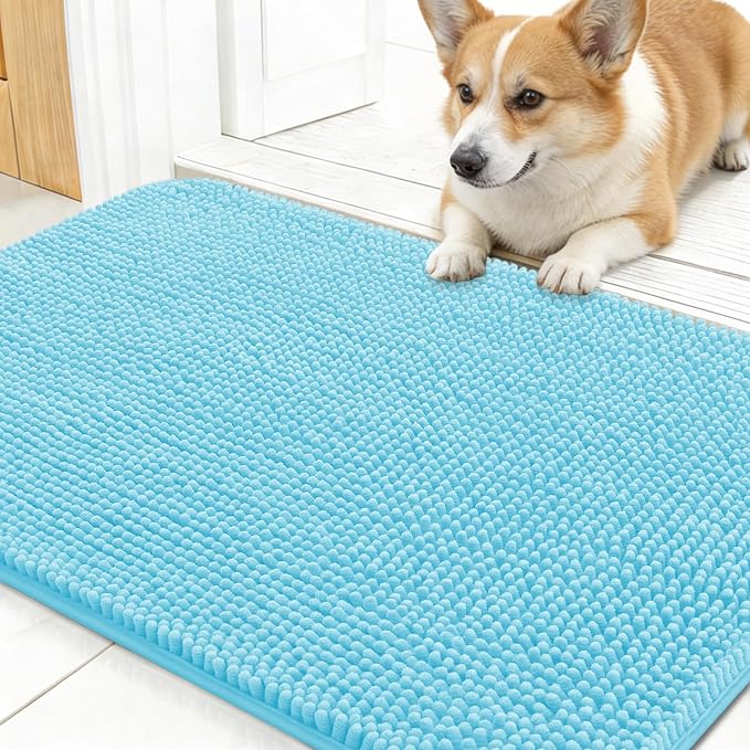 OLANLY Dog Door Mat for Muddy Paws 24x16, Absorbs Moisture and Dirt, Absorbent Non-Slip Washable Doormat, Quick Dry Chenille Mud Mat for Dogs, Entry Indoor Entryway Carpet for Inside Floor, Blue