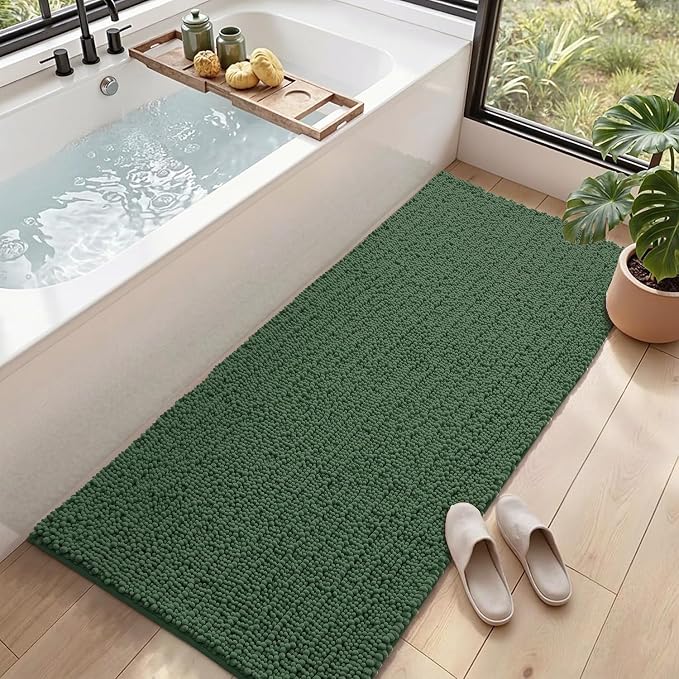 DEXI Bathroom Rugs 60x24, Super Soft Thick Chenille Absorbent Bath Mat, Non Slip Machine Washable Fluffy Shag Bathmat for Tub, Shower Floor, Green