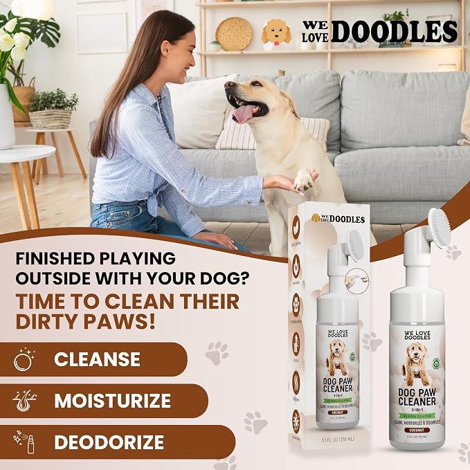 We Love Doodles No-Rinse Dog Paw Cleaner with Built-in Silicone Bristle Brush | 3-in-1 Dirty Paw Washer Foaming Foot Cleaner for Muddy Pet Dogs & Cats | Gentle Waterless Shampoo - Coconut | 5 fl oz