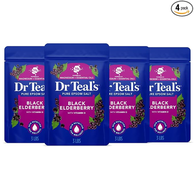 Dr Teal's Epsom Salt Magnesium Soak, Black Elderberry, 3 lbs | Vitamin D infused, Pack of 4
