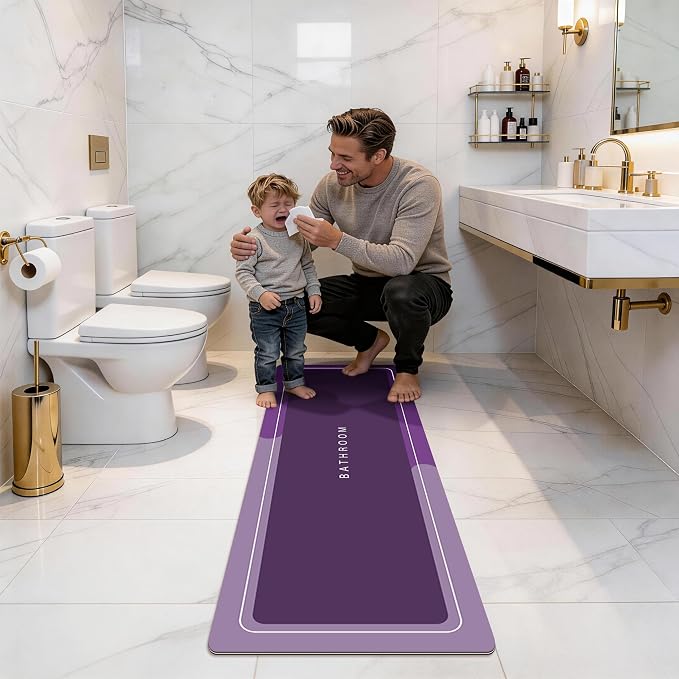 Bath Mat, Bathroom Mat Rugs Super Absorbent Shower Mats Non Slip Quick Dry Thin Rubber Mats for Bathroom Floor Fit Under Door, Shower Rug for Bathtub, Shower, Purple