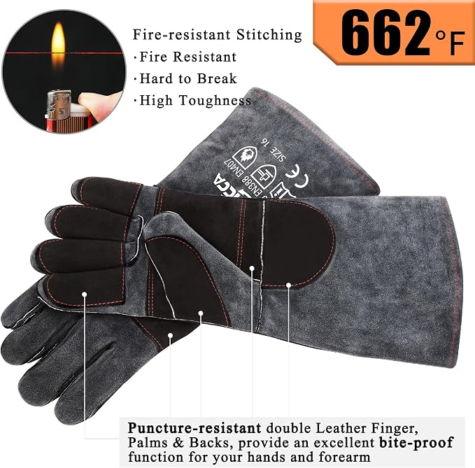 RAPICCA Animal Handling Gloves, Bite Proof Double Leather, 16 in Grey-Black | For Dog, Cat, Bird, Falconry, Snake & Reptile Handling; Vets, Groomers & Animal Control Teams