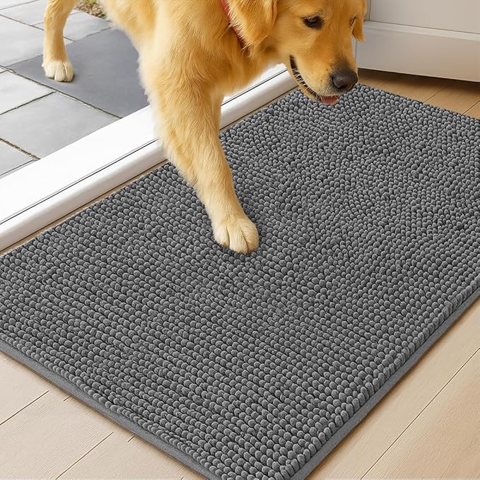 MUDGUARD MAT® Dog Door Mat for Muddy Paws, Super Absorbent Microfiber, Non-Slip Indoor Mat, Quick-Dry Chenille Rug for Pets & Entryway, Machine Washable, Grey 24" x 36"
