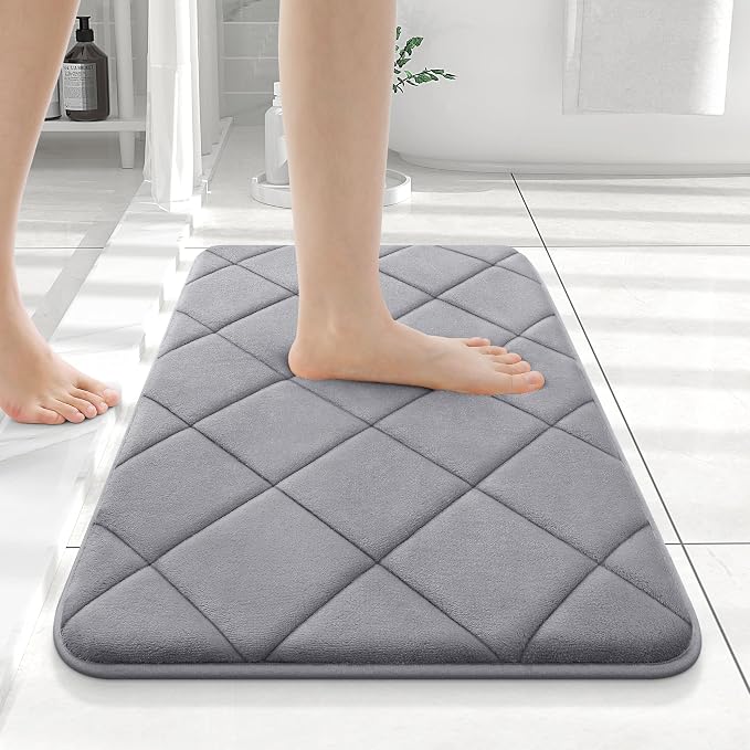OLANLY Memory Foam Bath Mat 24x16, Ultra Soft and Absorbent Bathroom Rugs, Machine Washable, Comfortable Bath Carpet for Bathroom Floor, Tub and Shower, Medium Grey