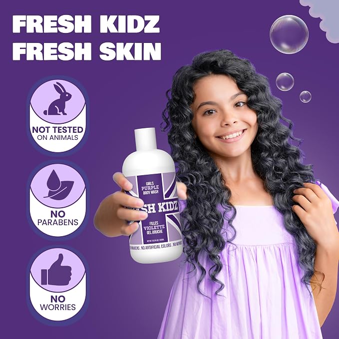Fresh Kidz Body Wash for Kids and Teens - Gentle Bath and Shower Cleanser for All Skin Types - Girls Purple, 16.9 Fl. oz.