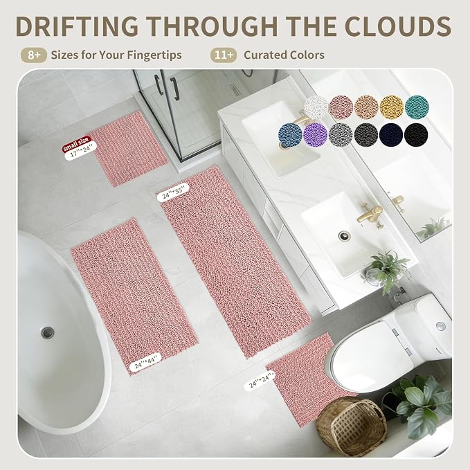 Toilet Rugs U-Shaped Mat 24x24, Contour Bathroom Mat - Ultra Soft & Absorbent Chenille, Quick-Dry, Machine Washable with Non Slip Barrier Backing, Pink