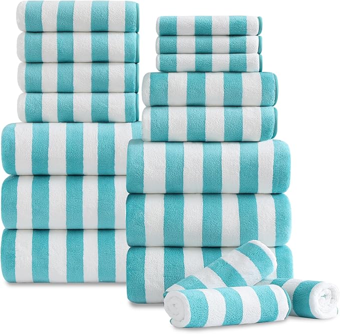 18 Pcs Turquoise Stripe Bath Towel Set with Hanging Loop-6 Bath Towels,6 Hand Towels,6 Washcloths Soft Family Towels Set Bathroom Towel Highly Absorbent Quick Dry Shower Towel for Beach Spa Gym Hotel