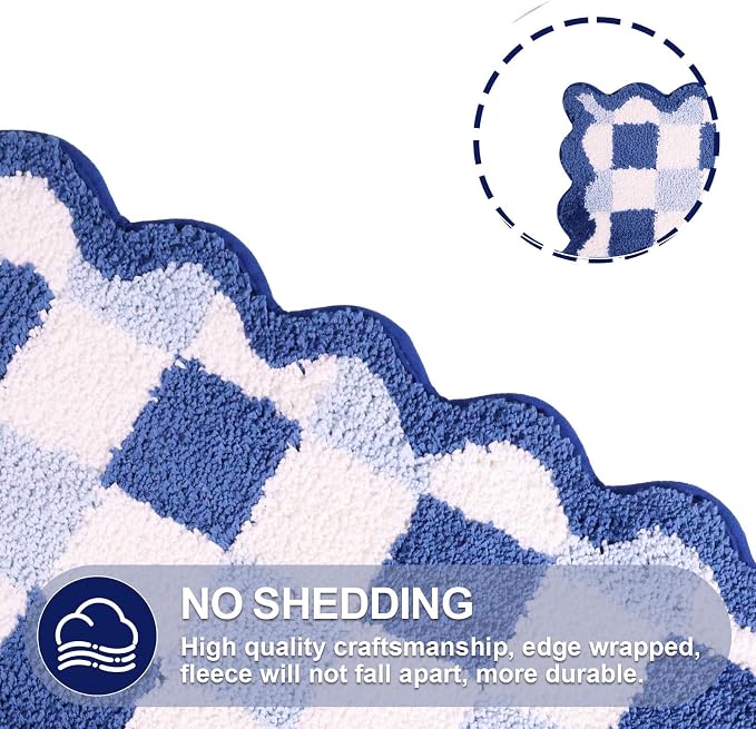 ORTIGIA Cute Blue Checkered Scalloped Bath Mat, Fun Plush Microfiber Bathroom Rugs Non Slip Washable Quick Dry Absorbent, Bath Rug Carpet for Shower Stall Vanities Kitchen Floor Entrance, 20x32