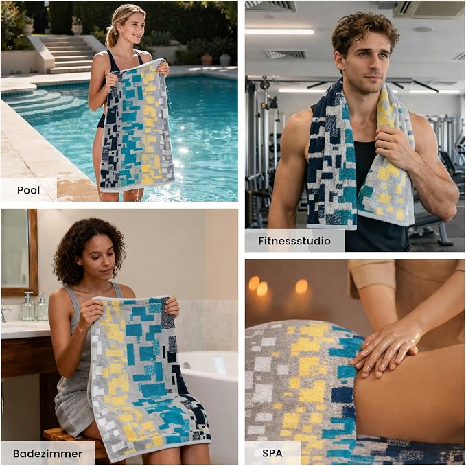 SEMAXE 12-Piece Cotton Bath Towel Set for Bathroom, Geometric Pattern | Balanced towel set for family showers, sink-side use, guest baths, and wash-day rotation, OEKO-TEX certified, easy care