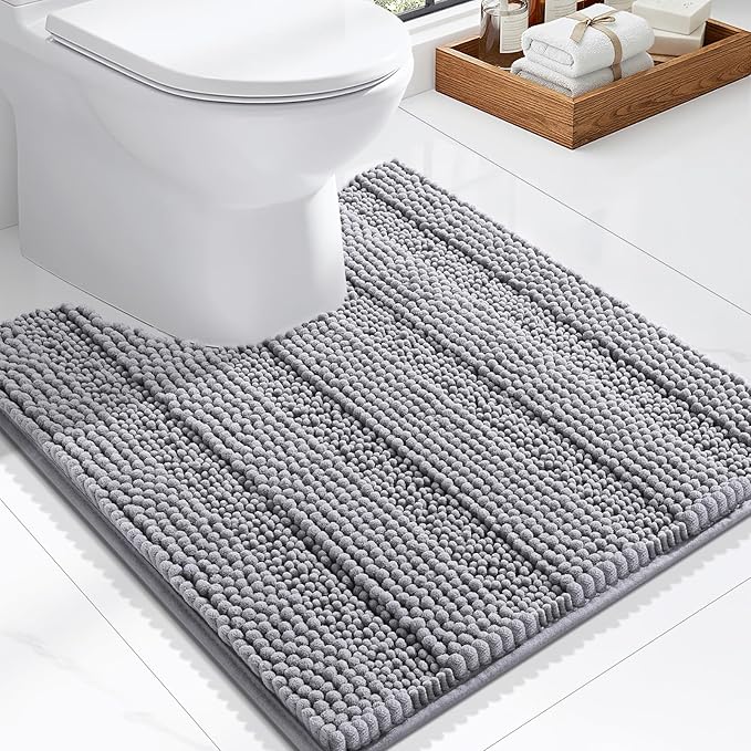 Grandaily Chenille Striped Bathroom Rugs 24x20, Extra Thick and Soft Absorbent Bath Mats, Rubber Backing, Plush Shaggy Shower Carpet, Machine Wash Dry, Bath Rug for Bathroom, Grey