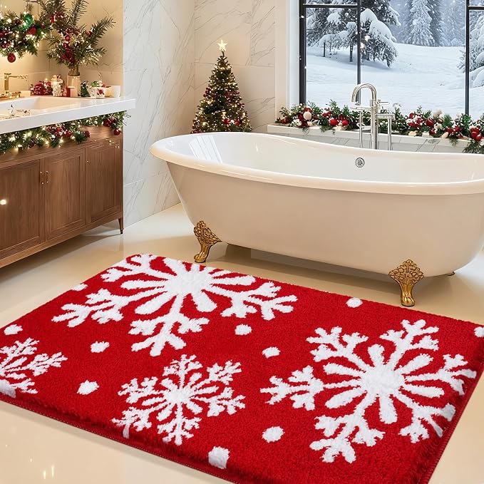 ACCUMTEK Upgraded Waffle Bath Mat，Super Absorbent Non-Slip Quick Dry Bathroom Rugs with Tassels,30"x20",Red-Snow,Red-Xmas Snowflakes