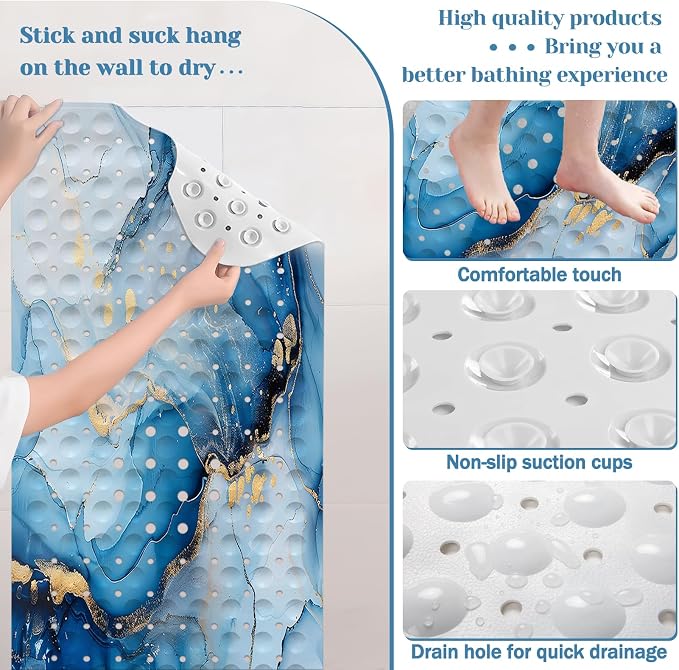 Marble Bath Tub Mat Non Slip, Blue Marble Non Slip Bath Mat for Shower, Large Washable Shower mats for Showers with Drain Holes and Suction Cups,40 X 16 Inch