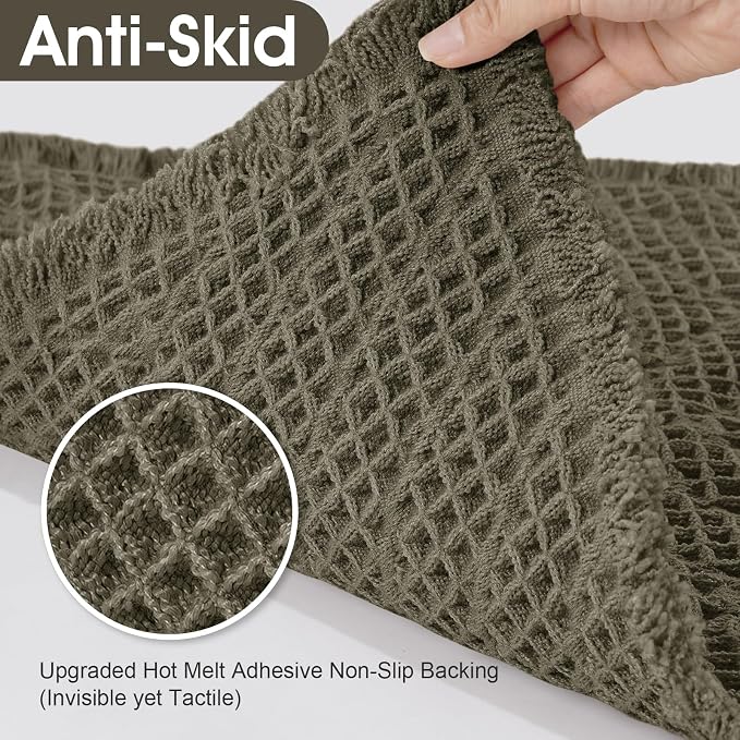 Upgraded Waffle Bath Mat Set 2 Piece Greyish Green-Herringbone, Super Absorbent Non-Slip Quick Dry Bathroom Rugs with Tassels,Machine Washable Ultra Soft Boho Bath Rugs, Bath Mats Boho Farmhouse Decor