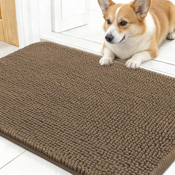 OLANLY Dog Door Mat for Muddy Paws 30x17, Absorbs Moisture and Dirt, Absorbent Non-Slip Washable Doormat, Quick Dry Chenille Mud Mat for Dogs, Entry Indoor Entryway Carpet for Inside Floor, Tan