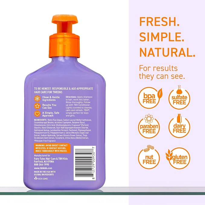 TBH Teen & Kids Shampoo - Lightweight and Detangling Hydrating Hair Shampoo for Dry, Oily, Fine, Curly, and All Hair Types - Tween and Kids Shampoo - Sulfate, Paraben Free - 12 oz