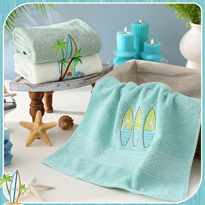 Hahafelt 3 Pack Summer Surfboard Hand Towels for Bathroom 100% Cotton Embroidered Beach Bathroom Towels 13.78 x 29.53 Inch Soft Absorbent (Green Series, Surfboard)