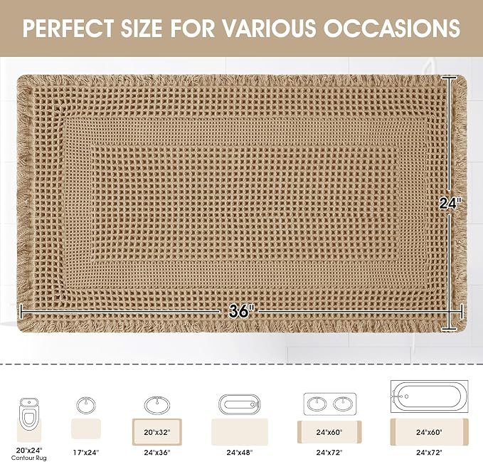Upgraded Waffle Bath Mat, 36"x24" Beige-Looped, Super Absorbent Non-Slip Quick Dry Bathroom Rugs with Tassels, Machine Washable Ultra Soft Boho Bath Rugs for Floor, Toilet Mats Boho Farmhouse Decor