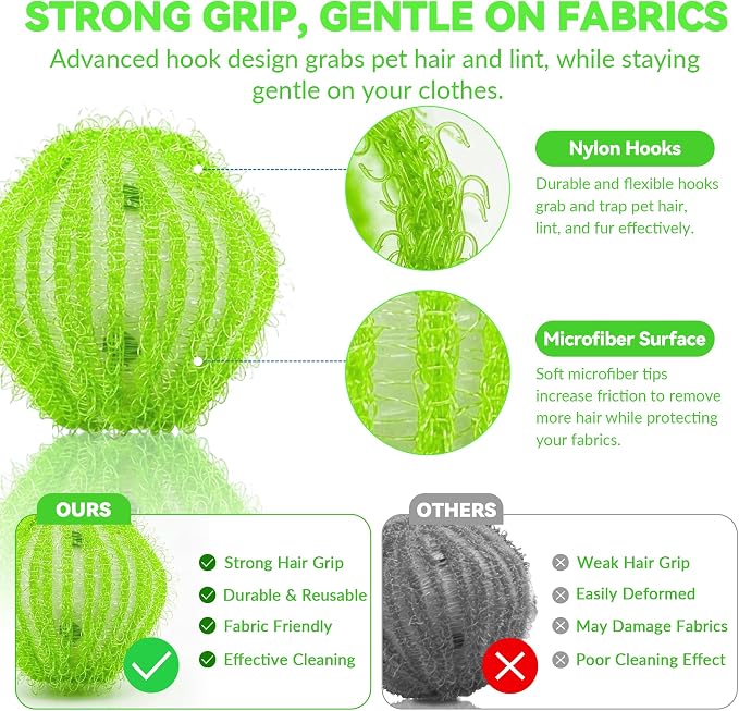 12 Pack Pet Hair Remover for Laundry, Reusable Dog & Cat Hair Catcher, Washer & Dryer Safe Laundry Balls, Anti-Tangle Design, Helps Remove Lint & Fur from Clothes, Bedding & Blankets (Mustard Green)