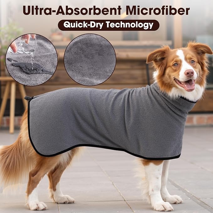 Microfibre Dog Bathrobe Towel Wrap Super Absorbent Dog Drying Coat Bath Robe for Puppy, Medium & Large Dogs, Fast Drying, Adjustable