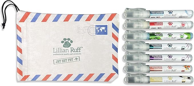 Lillian Ruff Travel Kit for Dogs | Dog Grooming Spray for Airline Travel, Camping, Beach | Deodorizing Waterless Dog Shampoo x4, Breath Freshener, Detangler Spray, Ear Cleaner