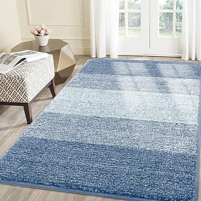 Smiry Dog Door Mat for Muddy Paws, Absorbs Moisture and Dirt, Low-Profile Entryway Mat with Non-Slip Backing, Entry Indoor Outdoor Doormat for Inside Floor (70x35 Inches, Light Blue, Striped)