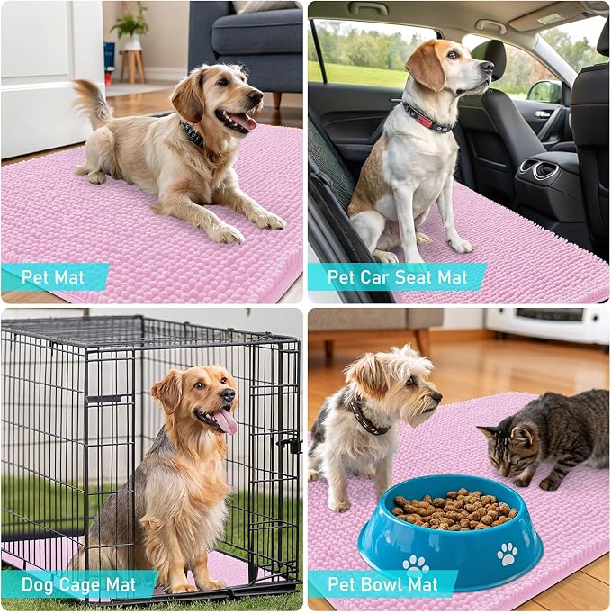 OLANLY Dog Door Mat for Muddy Paws 47x24, Absorbs Moisture and Dirt, Absorbent Non-Slip Washable Doormat, Quick Dry Chenille Mud Mat for Dogs, Entry Indoor Entryway Carpet for Inside Floor, Pink