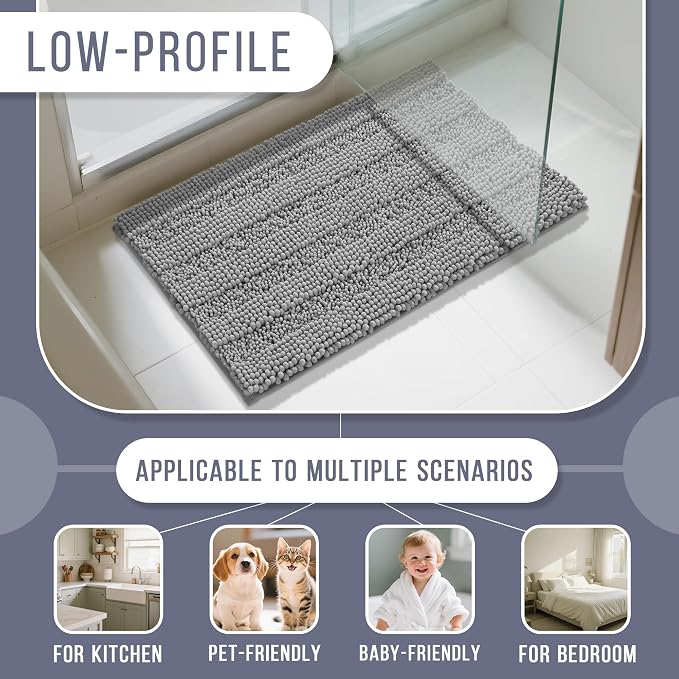 Yimobra Bathroom Rug Mat 36 x 24, Non Slip and Super Absorbent Bath Mat,Machine Washable Quick Dry,Ultra Plush Chenille Shower Rugs for Bathroom Floor Sink Tub and Shower Outside,Gray
