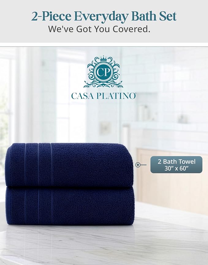 Casa Platino 100% Cotton 2 Pack Bath Towels (30"x60") - Ring Spun Mercerized Cotton Towels Set for Bathroom - Quick Dry, Soft & Absorbent Large Bath Towel Set - Dorm Essentials for Boys - Navy Blue