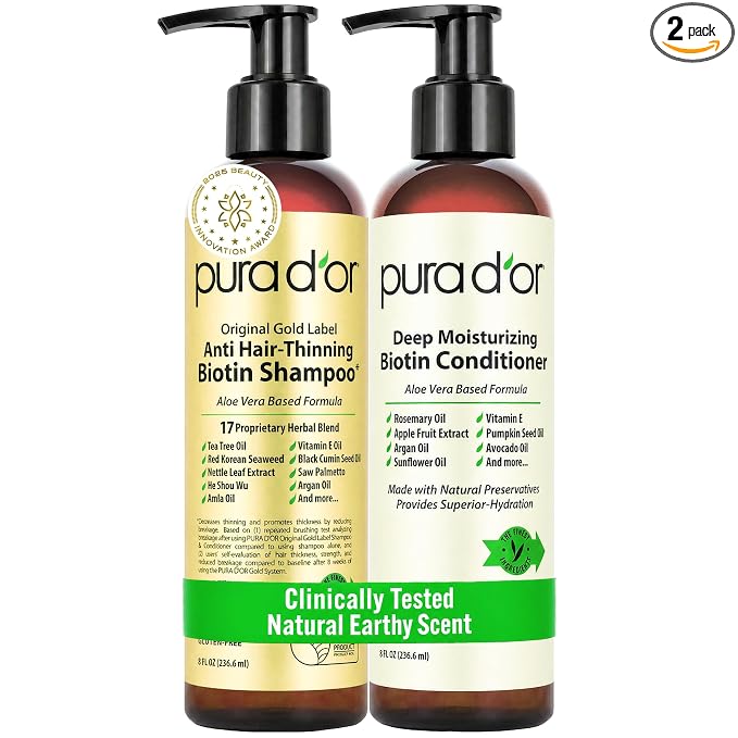 PURA D'OR Anti-Thinning Biotin Shampoo & Hair Regrowth Conditioner, CLINICALLY TESTED Effective Results, Thickening Herbal Blend For Women & Men, Original Gold Label Set, Natural Earthy Scent, 8oz x2