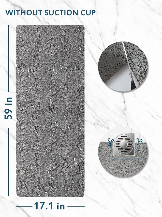 godehone Shower Mats Non Slip Without Suction Cups, PVC Loofah Bathroom Mats, Loofah Mats for Shower and Bathroom, Quick Drying, 17.1× 59 Inch, Grey