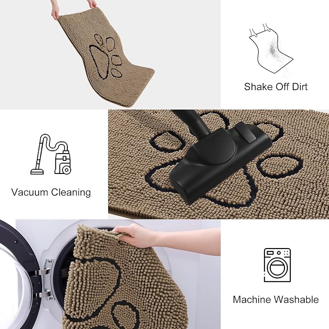 Smiry Dog Door Mat for Muddy Paws, Absorbent Dirt Trapper Non Slip Quick Dry Washable Chenille Mat for Mud Dogs, Entry Rug for Indoor and Outdoor (59x20 Inches, Camel and Black)
