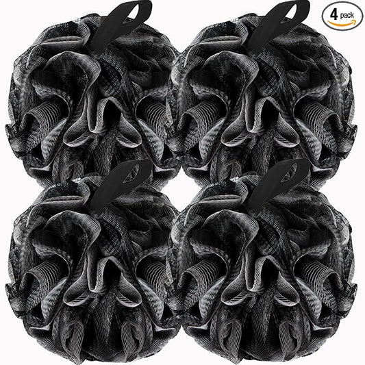 BCKENEY Bath Loofah Shower Sponge Body Back Scrubber Soft Mesh Shower Puffs Exfoliating Loofa for Women & Men Bath Accessories Cleaning Tool (4Pack 60G Black, Charcoal Black)