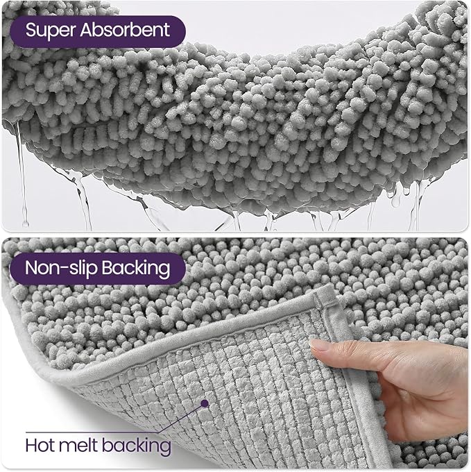 DEXI Bathroom Rugs 24x16, Super Soft Thick Chenille Absorbent Bath Mat, Non Slip Machine Washable Fluffy Shag Bathmat for Tub, Shower Floor, Light Grey