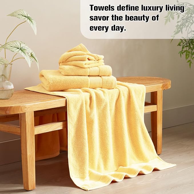 Marvione Bath Towels Set 6 Piece, 100% Turkish Cotton Highly Absorbent and Soft Towels for Bathroom 2 Bath Towels 2 Hand Towels 2 Washcloths, Light Yellow
